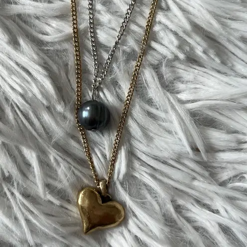 Lucky Brand  semi precious layered gold tone heart & pearl shapenecklace