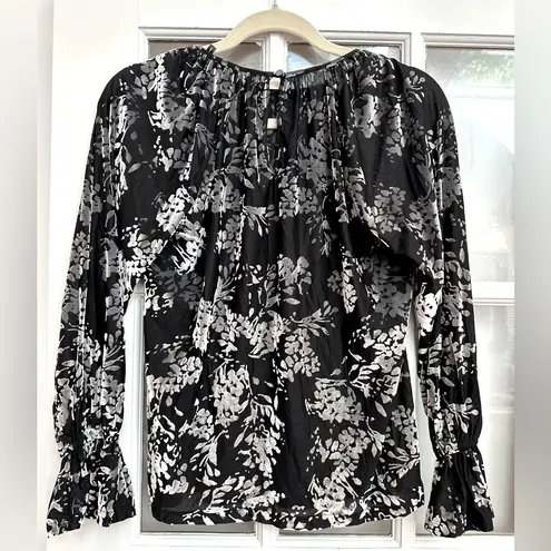 Badgley Mischka Designer Black & Gray Floral Velvet Burnout Blouse Size Small S