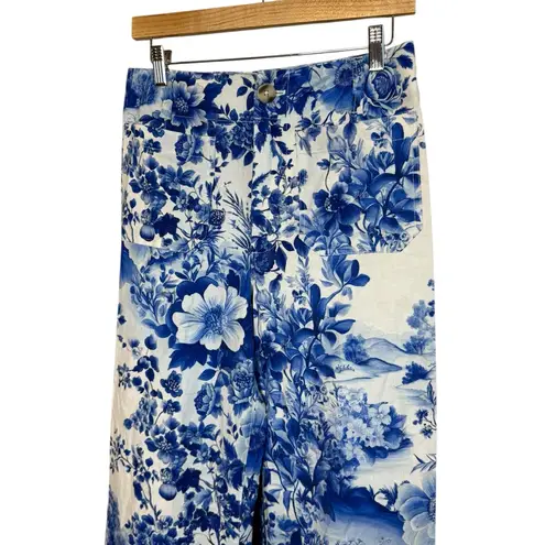 Maeve Anthropologie The Colette Wide Leg Cropped Pants Blue Floral Size 27