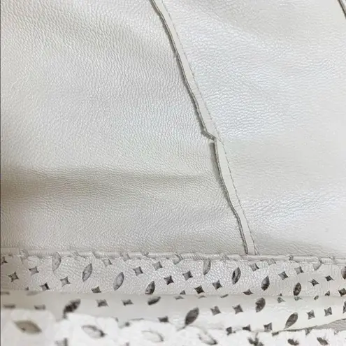 BKE Faux Leather Laser Cut Cream Cropped Open Draped Jacket