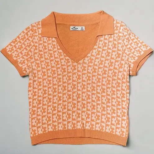 Hollister  Orange Collared Floral V-Neck Short Sleeve Fitted Crop Top Sweater