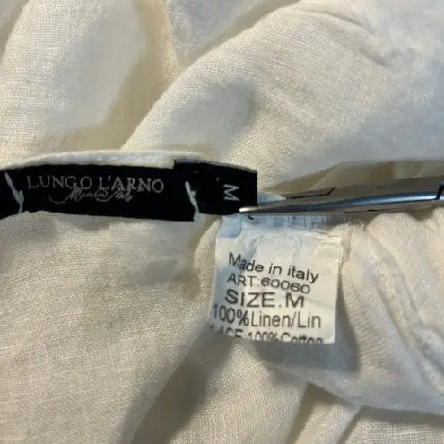 LUNGO LARNO Top Womens M 100% Linen Crochet Trim White Boho Peasant Cottage Core Size M