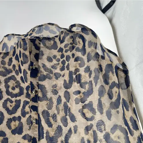 Leopard Print Sheer Button Front Blouse Tan Gold Navy Women’s Large Unbranded
