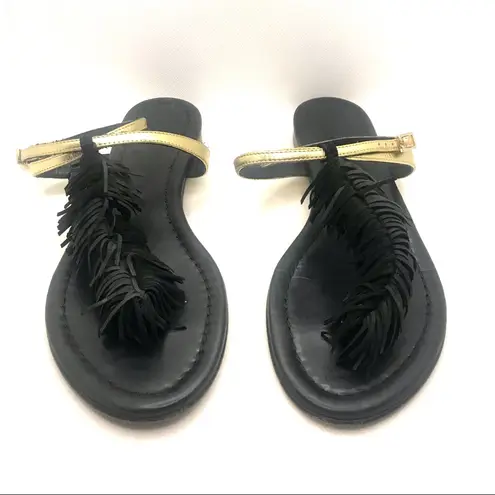 VISCONTI & DE REAU BLACK & GOLD LEATHER WITH FRINGE THONG SANDALS (37) Size 6