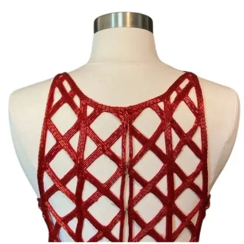 Andretta Donatello Red Gown XS Slit Mesh Beaded Detail Drama Glam Prom Pageant