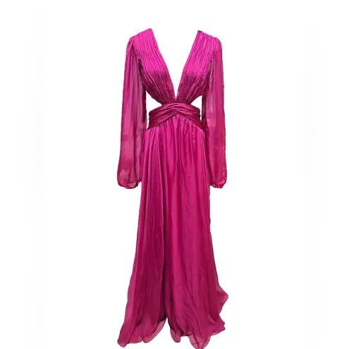Mac Duggal Ieena Hot Pink A Line Cut Out V Neck Back Long Sleeve Maxi Dress Sz 6