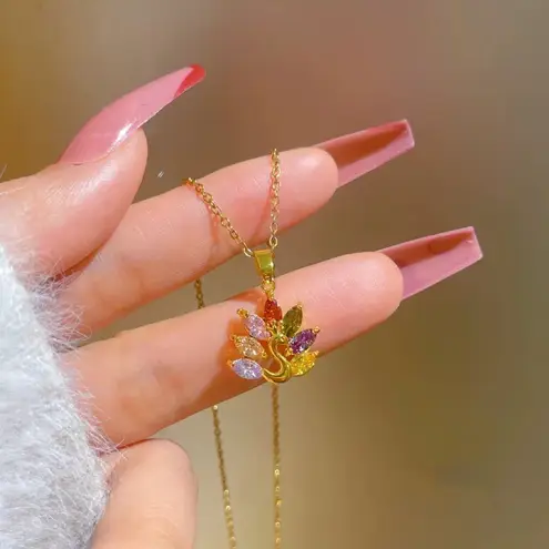 18K Gold Plated Colorful Crystal Peacock Pendant Necklace for Women