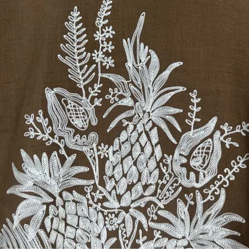 Dana Buchman 100% Linen Embroidered Button Front Brown Floral Scallop Trim 10