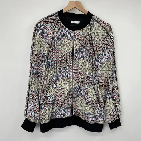 Equipment Silk Bomber Jacket Graphic Fan Print Black White Womens Size Large