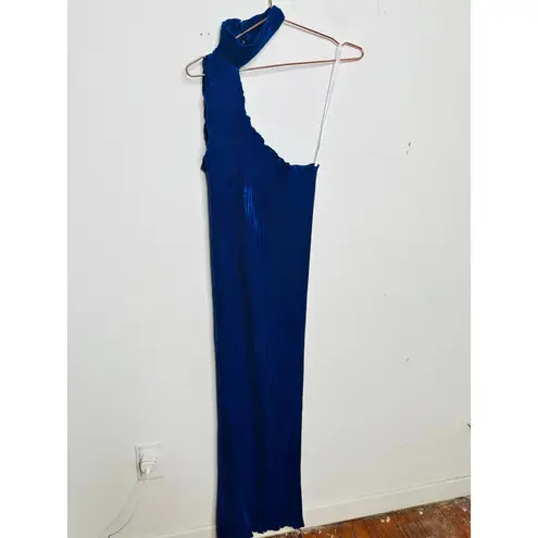 L’IDEE Regal Blue 90s One Shoulder High Neck Satin Plisse Lettuce Hemline Dress Size 10