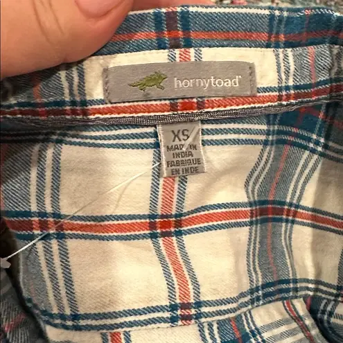 Horny Toad mixologist blue white red plaid button down tunic cinch back shirt XS