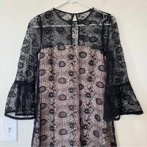 Reiss Jade Floral Lace Bell Sleeve Semi Sheer Mini Dress Black Sz 2