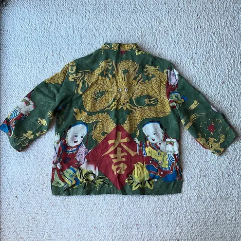 Citron Santa Monica Dragon Lotus Asian Printed Silk Shirt Olive Green Large