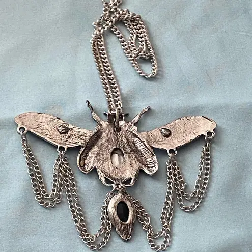 22” Necklace Silver Tone Beetle Pendant 4.5”W Stones Steampunk Goth Gothic