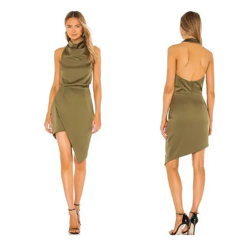 Elliatt NWT  Camo Olive Green Satin Halter Asymmetric Cocktail Mini Dress XS