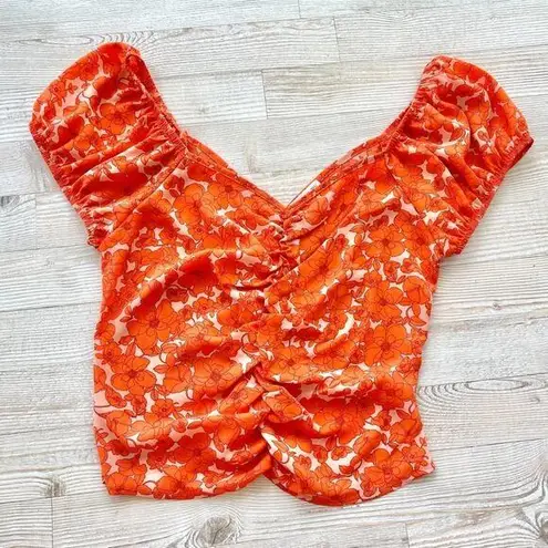 Sienna Sky ‎ Floral Ruched Puff Sleeve Top | Orange Size Medium