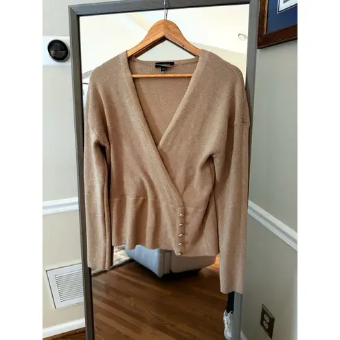 Calligraphie Gold Shimmer Wrap Sweater Metallic Knit Top Large Gray