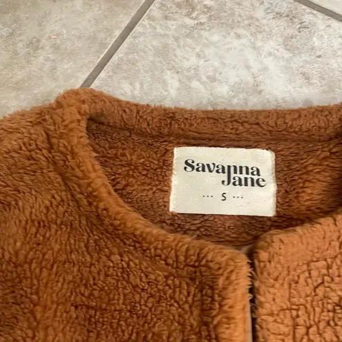 Savanna Jane sz small brown Cozy Fleece Jacket Embroidered Trim Open Front Women