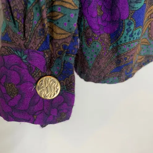 Vintage Dark Floral Brown Purple Blue Blouse Gold Buttons Sz Medium