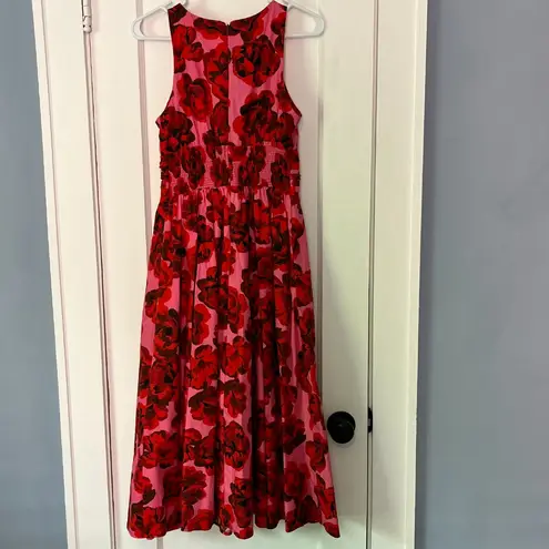 Eshakti pink red floral midi dress size small / 6 smocked full skirt feminine