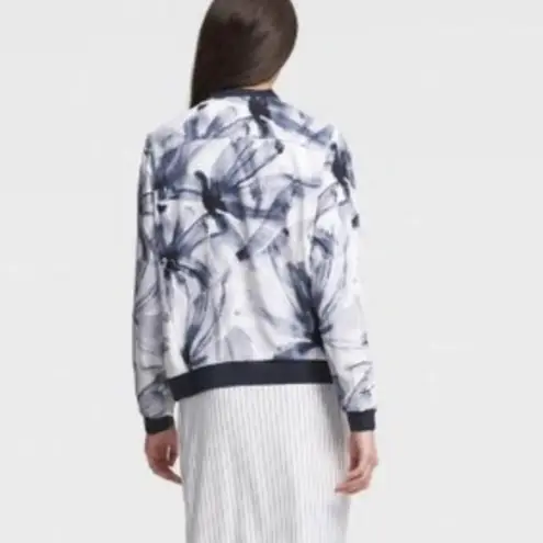 Donna Karan Watercolor Floral  Print Bomber Jacket in Black & Blue  Size Large