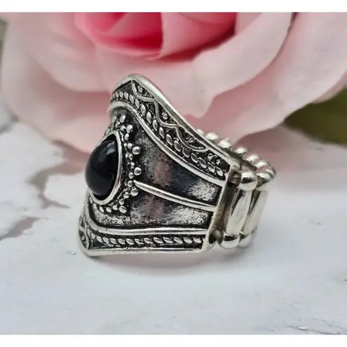 None Cute Silver Tone & Black Statement Stretch Ring One Size Western Bojo Casual