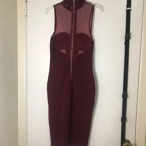 Privy Burgundy Red Sheer Mock Neck Bodycon Dress