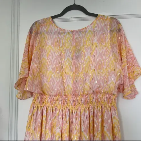 House of Harlow 1960 BOHO TRUFFLED TIERED FLORAL PEACH METALLIC MAXI DRESS NWT