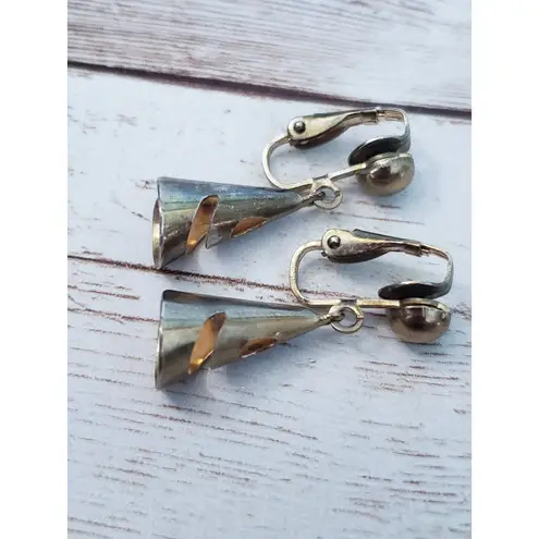 Vintage Clip On Earrings Gold Tone Cone Dangle