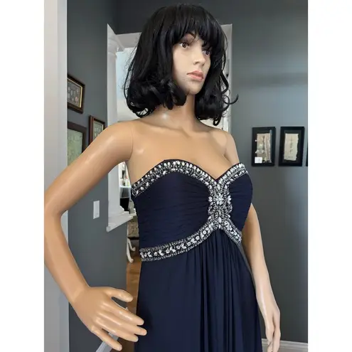 XScape Navy Chiffon Jeweled Bodice Empire A-Line strapless Evening Gown 8