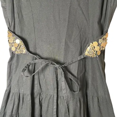 Sue Wong Black Beaded A-line Tiered Cocktail Dress Gold Belt India VTG Y2K Sz 4P