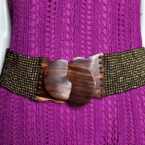 Vintage Bronze Beaded Belt Wooden Buckle Boho Western Festival. Stretch 32” XL Gold