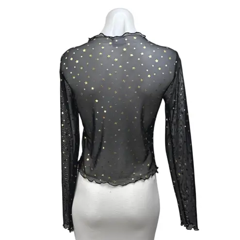 Noisy May Women's Black Gold Star Foil High Neck Long Sleeve Sheer Crop Top XS