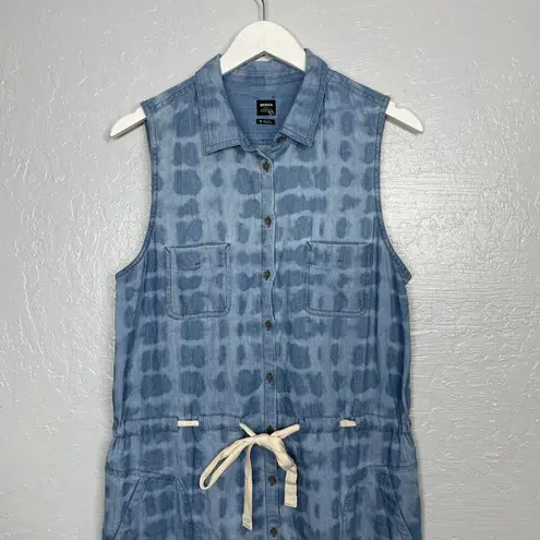 prAna Women M Blue Tie Dye Sunrise Peak Denim Shirt Dress Button Front Pockets