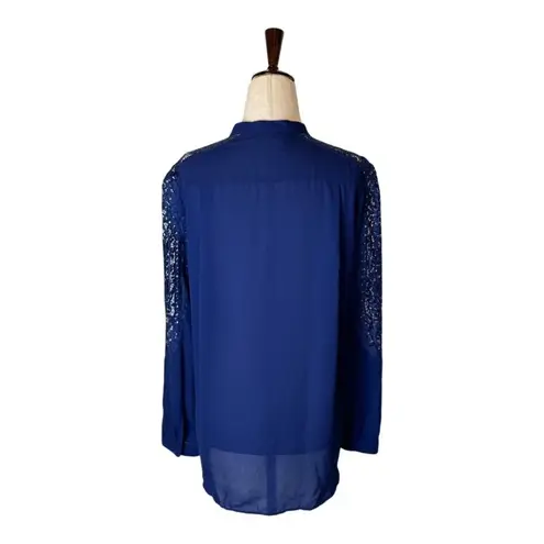 The Kooples Shirt Women Small Blue Lace Trim Crepe Crew Neck Button Down Blouse