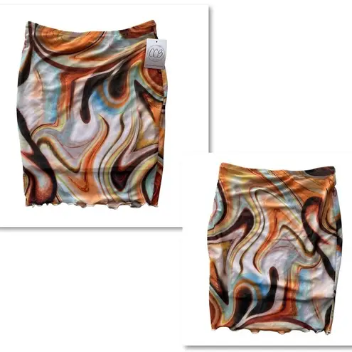 BLACKBEAD Abstract Marble Micro Mini Skirt Orange Brown Small Deep Wave Ruffle