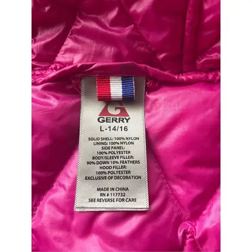 Gerry Puffer Jacket Hooded Down 650 Fill Girls Large 14 / 16 Pink Grey Full Zip