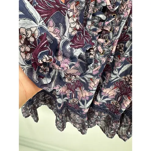 Taylor & Sage Purple Floral Long Sleeve Blouse Cut Out Front Tie Detail Women M