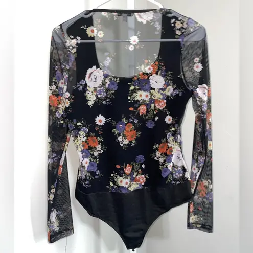 White Birch  Floral Print Mesh Bodysuit Women’s Small Long Sleeve Black Sheer Boho