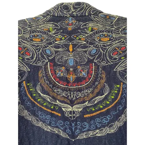 Ivko Embroidered Jacket Cardigan Size 40 L Zip Front Pockets Neckless Pattern Blue Size L