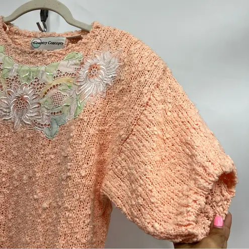 Vintage 80’s M peach Knit short sleeve Sweater Floral Embroidery Orange Size M