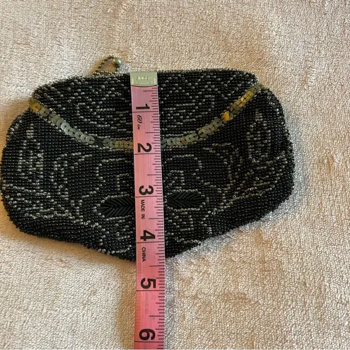 Vintage Art Deco beaded evening clutch coin purse floral sequins Black