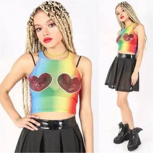 Iron fist NEW! SOMEWHERE Rainbow Sequin Hearts Sheer Mesh Crop Top Tank SMALL