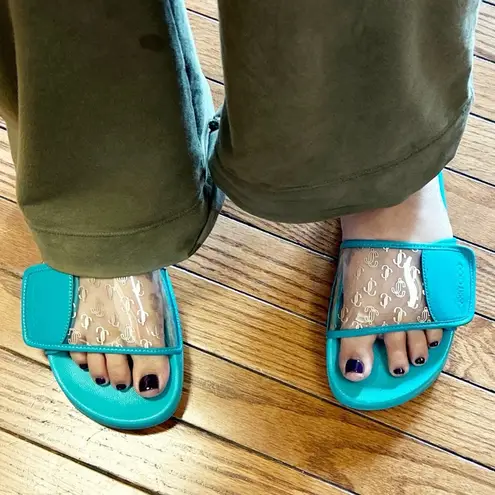 Jimmy Choo Authentic Teal FITZ Logo Slides / Sandals