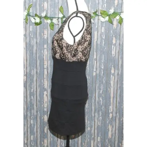 Twenty One Floral Ladies Little Black Dress Size L Stretch Back Zipper Nude Lace