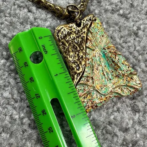 Green & Bronze Pendant Necklace Textured Metal Design on Chain 18 Inches Long