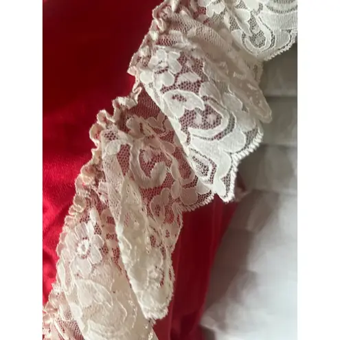 Vtg. Shirley of Hollywood Lace Trim Teddy Lingerie Red Satin Plunge V Neck S