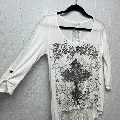 Rhinestone Flowy Womens Top Small Rockabilly Punk Chaotic Academia Streetwear White