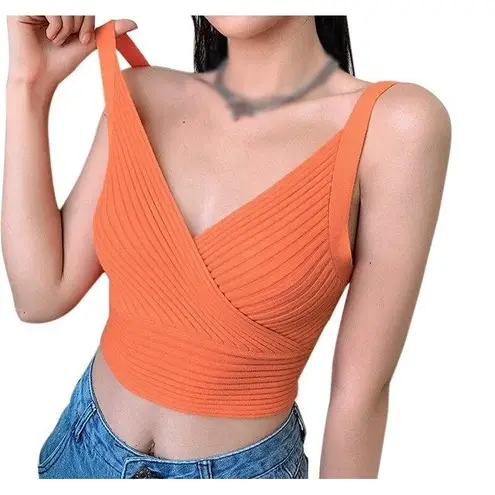 Ribbed Knit Crop Top Tangerine Orange Sleeveless V‎ Neck Cami Tank