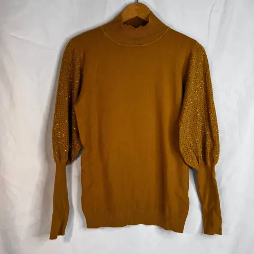 Liv Milano Studded Puff Sleeve Gold Dressy Sweater Mock Neck Size Medium